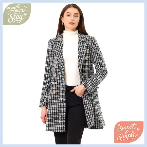 Tweed Blazer Double Breasted Long Jacket Classic Fit Formal Casual Wear